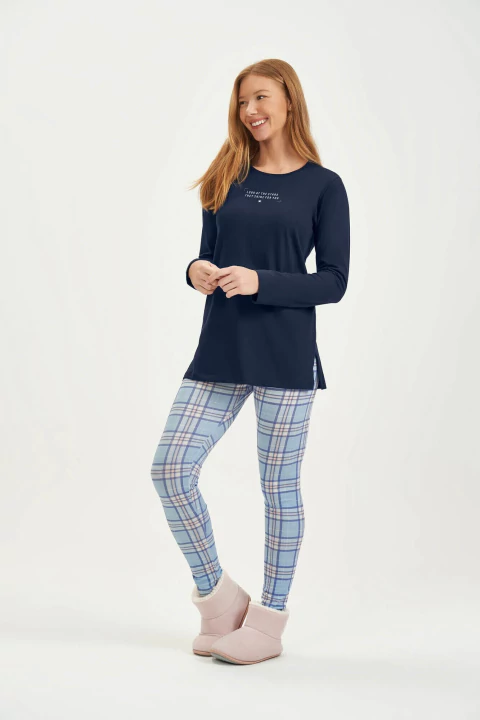 Pijama Feminino Maga Longa Calça Legging Xadrez Azul Marinho