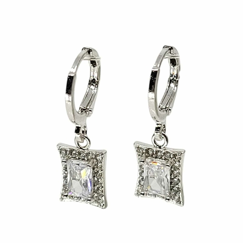 Brincos Argola Com Pendente Retangular com Solitário