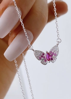 conjunto mariposa plata 925 brillantes rosa