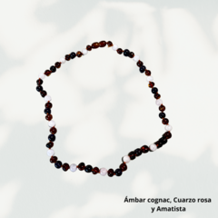 Collar de Ámbar cognac, Cuarzo rosa y Amatista