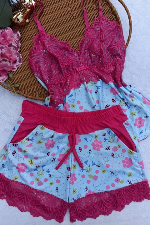 Baby doll bolsinho - Florido azul com rosa