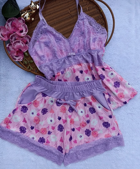 Baby doll bolsinho - Florido com detalhes lilás