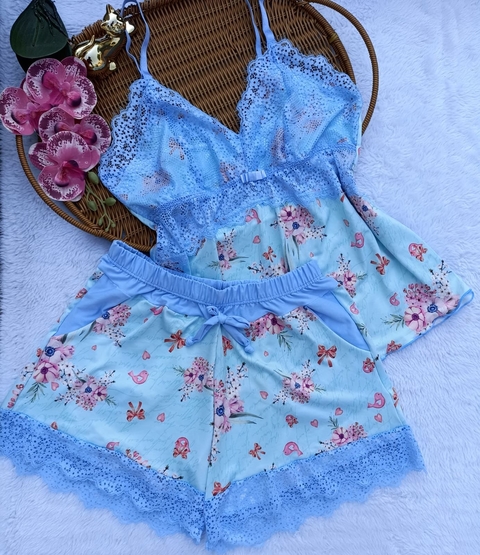 Baby doll bolsinho - Florido com detalhes em azul