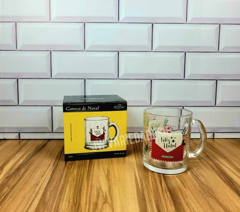 Caneca Vidro Natalina Estampa Envelope C/ Carta Feliz Natal