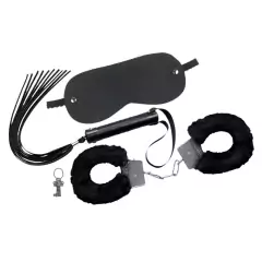 KIT DOMINATRIX - Algemas de Pelúcia + Tapa Olhos + Chicote Sado BDSM - SEX SHOP