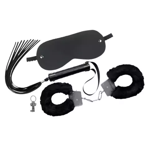 KIT DOMINATRIX - Algemas de Pelúcia + Tapa Olhos + Chicote Sado BDSM - SEX SHOP