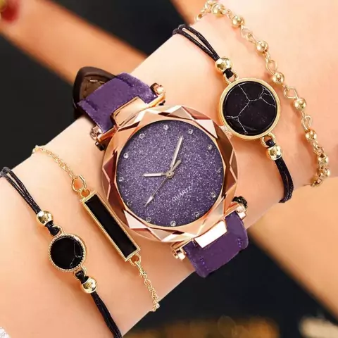 5 Peças Relógio De Pulso Feminino De Quartzo Com Pulseira De Couro Céu Estrelado