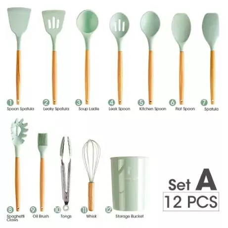 Conjunto De 12 Utensílios De Cozinha De Silicone Antiaderente Com Cabo De Madeira Fácil De Limpar Ovos Pá / Colher / Pegador