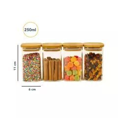 Kit 4 potes de vidro com tampa de bambu quadrados 250ml - Oikos na internet