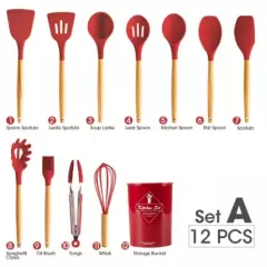 Conjunto De 12 Utensílios De Cozinha De Silicone Antiaderente Com Cabo De Madeira Fácil De Limpar Ovos Pá / Colher / Pegador - comprar online