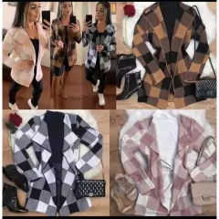 Casaco Xadrez Cardigan Trico Inverno Manga Longa Trico Frio Longo - Lojão da Alemoa