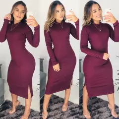 Vestido Midi Canelado Manga Longa Moda 2023 - Lojão da Alemoa