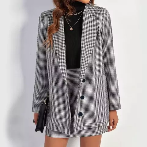 Conjunto Blazer E Saia Feminino Alongado Jaqueta - Xadrez