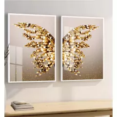 Kit 2 Quadros Decorativos Borboleta Asas Douradas Moderno Gold Para Quarto Sala Com Moldura e Vidro