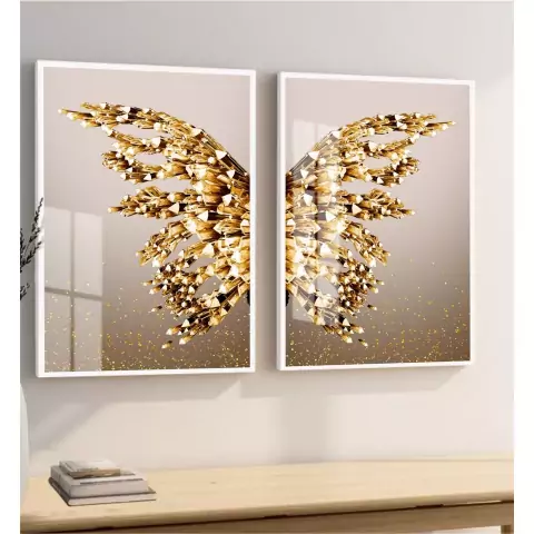 Kit 2 Quadros Decorativos Borboleta Asas Douradas Moderno Gold Para Quarto Sala Com Moldura e Vidro