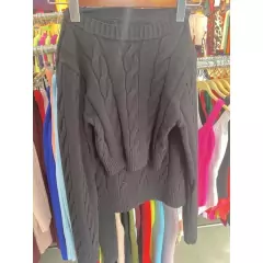 Conjunto Trança Tricot Grosso Feminina Saia + Blusa Cropped Manga Longa
