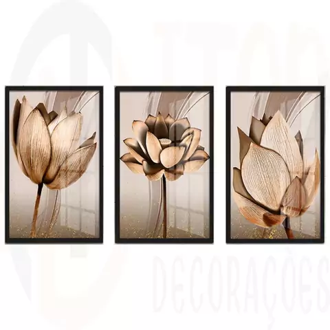 Kit 3 Peças Quadros Decorativos Mdf Flores Ton Cobre Gold Folhas Moldura Para Quarto Sala Escritório Moderno