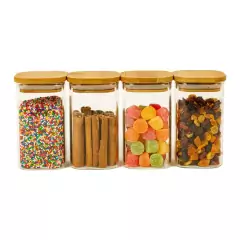 Kit 4 potes de vidro com tampa de bambu quadrados 250ml - Oikos