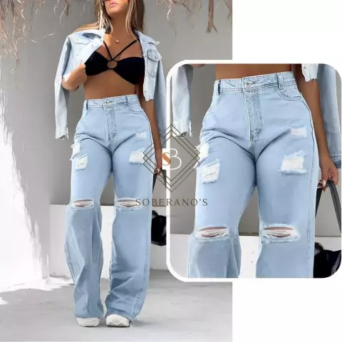 Calça Jeans Feminina Wide Leg rasgada pantalona