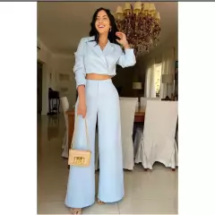 Conjunto alfaiataria Calça Pantalona e Blazer cropped Elegante e Casual - Lojão da Alemoa