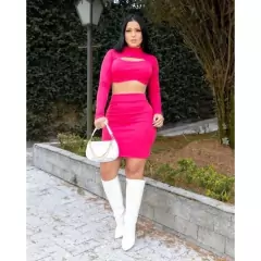 Imagem do Conjunto Feminino Cropped Manga Longa Decote no Busto Saia Tubinho Diversas Cores