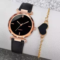 5 Peças Relógio De Pulso Feminino De Quartzo Com Pulseira De Couro Céu Estrelado