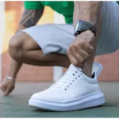 Tenis Masculino Casual Branco Moderno 2023 Flexível Macio Leve Confortável Solado 3cm - Lojão da Alemoa