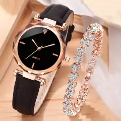 5 Peças Relógio De Pulso Feminino De Quartzo Com Pulseira De Couro Céu Estrelado - comprar online