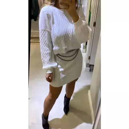 Conjunto Feminino De Tricot Mousse Trançado Manga comprida Blusa e saia