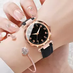 5 Peças Relógio De Pulso Feminino De Quartzo Com Pulseira De Couro Céu Estrelado
