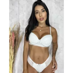 Conjunto com Bojo Bella Sutiã Calcinha Lingerie Fio Dental Sexy Sensual Renda