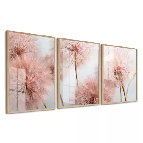 Kit 3 Quadros Decorativos Dente De Leão Rosa Flores Para Quarto Sala Casa Com Moldura e Vidro