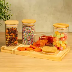 Kit 4 potes de vidro com tampa de bambu quadrados 250ml - Oikos - loja online