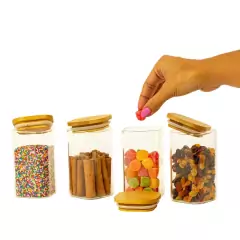 Imagem do Kit 4 potes de vidro com tampa de bambu quadrados 250ml - Oikos