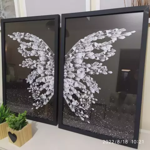 Kit 2 Quadros Decorativos Borboleta Asas Prata Moderno Para Quarto Sala Corredor Hall Com Moldura e Vidro