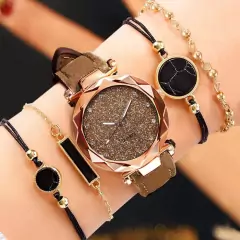 5 Peças Relógio De Pulso Feminino De Quartzo Com Pulseira De Couro Céu Estrelado - Lojão da Alemoa