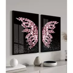 Quadros Decorativos Borboleta Rosa Gold Moderno Sala Quarto Casal Corredor Conjunto Com Moldura e Vidro