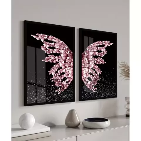 Quadros Decorativos Borboleta Rosa Gold Moderno Sala Quarto Casal Corredor Conjunto Com Moldura e Vidro