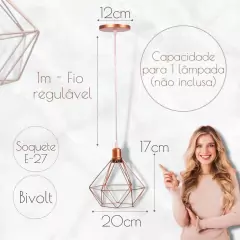 Kit 3 Pendente Aramado Diamante Retro ROSE GOLD FIO CRISTAL 1m Regulavel na internet
