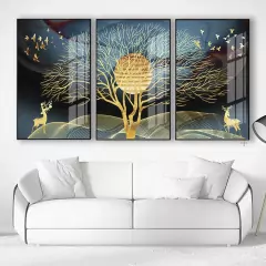 Kit 3 Peças Quadros Decorativos De Parede Mdf Cervo Pintura Gold Árvores Natureza Abstrato Moldura Top Para Quarto Sala Escritório