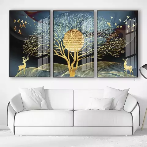 Kit 3 Peças Quadros Decorativos De Parede Mdf Cervo Pintura Gold Árvores Natureza Abstrato Moldura Top Para Quarto Sala Escritório