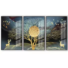 Kit 3 Peças Quadros Decorativos De Parede Mdf Cervo Pintura Gold Árvores Natureza Abstrato Moldura Top Para Quarto Sala Escritório - comprar online