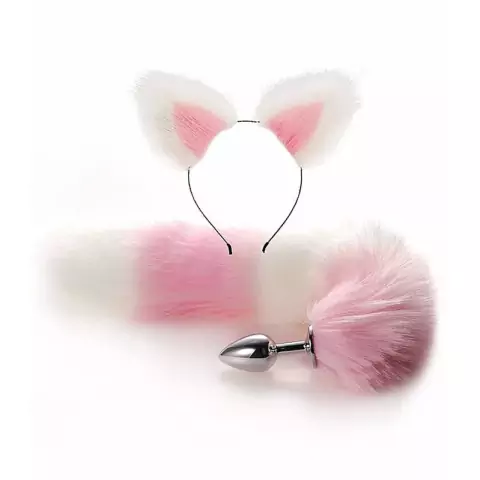 Plug Anal Cauda Kit Fantasia BDSM Raposa Tiara Rosa Branco