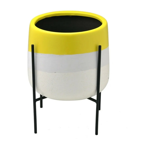 Vaso de Cerâmica Amarelo com Base de Metal 26cm