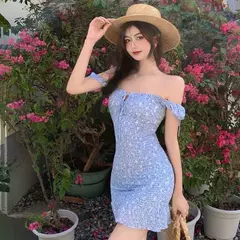 Vestido Midi Floral con cuello cuadrado para mujer, vestido Sexy. - comprar en línea
