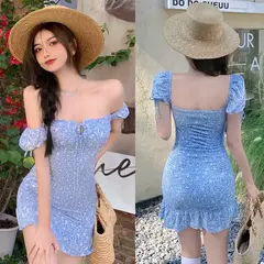 Vestido Midi Floral con cuello cuadrado para mujer, vestido Sexy.