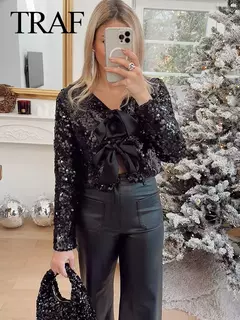 Blusa con lazo Recortado y Lentejuelas