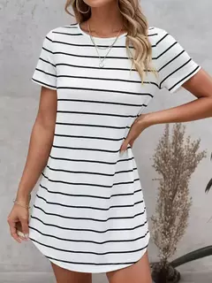 Vestido a rayas con botones en la espalda y dobladillo curvo para mujer