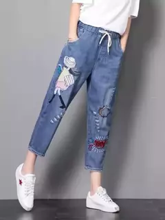 Pantalones de cintura elásticos bordados con cordones. - tienda en línea