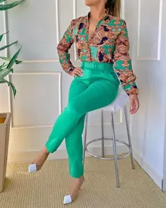 Conjunto de 2 piezas con estampado para mujer, traje informal con botones, camis - tienda en línea
